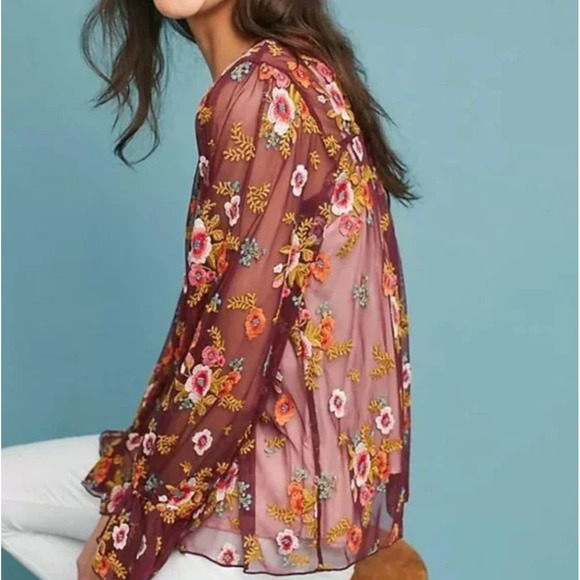 Anthropologie Feather Bone Giralda Top Womens Medium Floral Embroidered Fairy - Picture 2 of 16